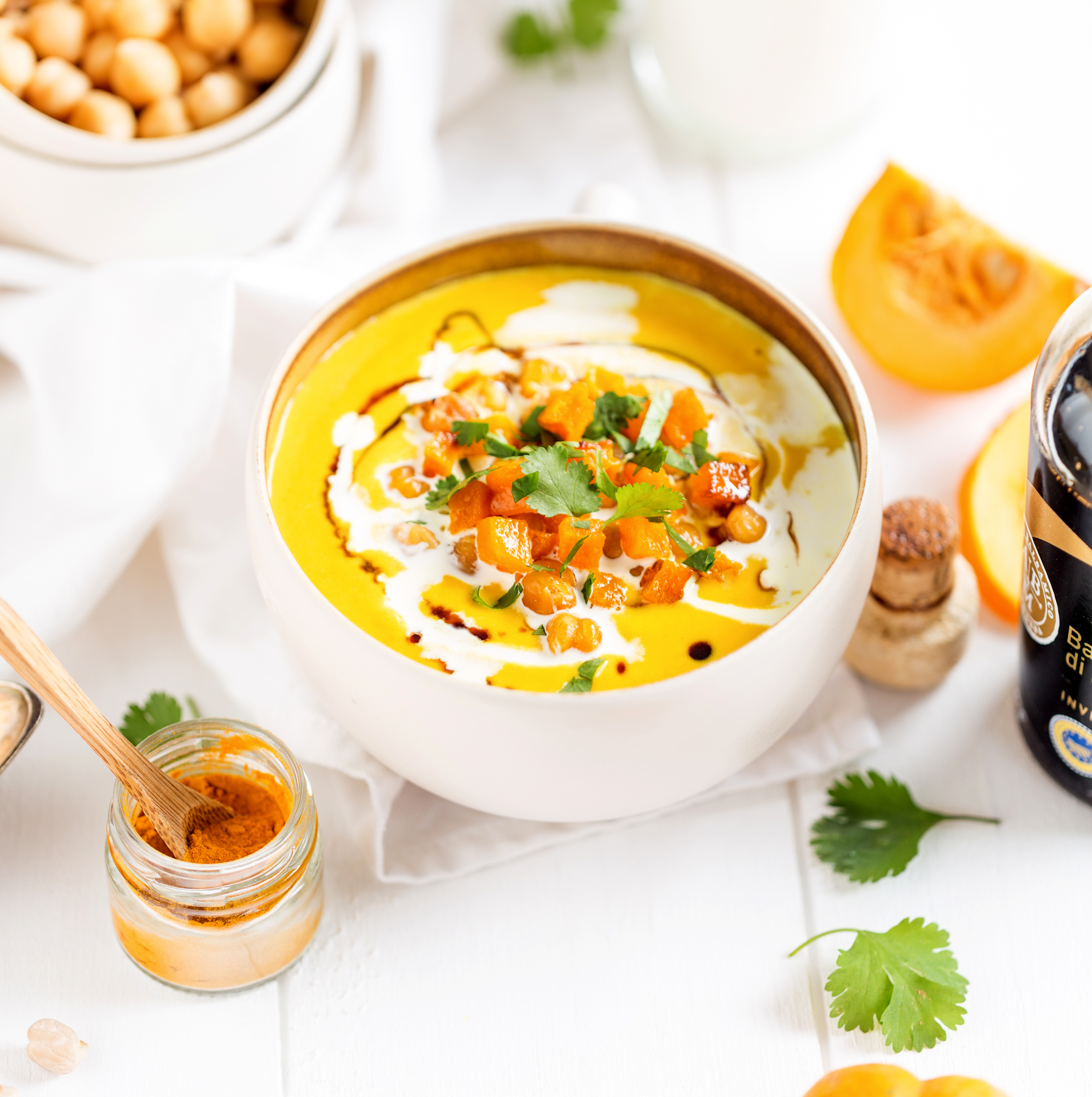 Velouté potiron et pois chiche au curcuma, Vinaigre Balsamique de Modène IGP