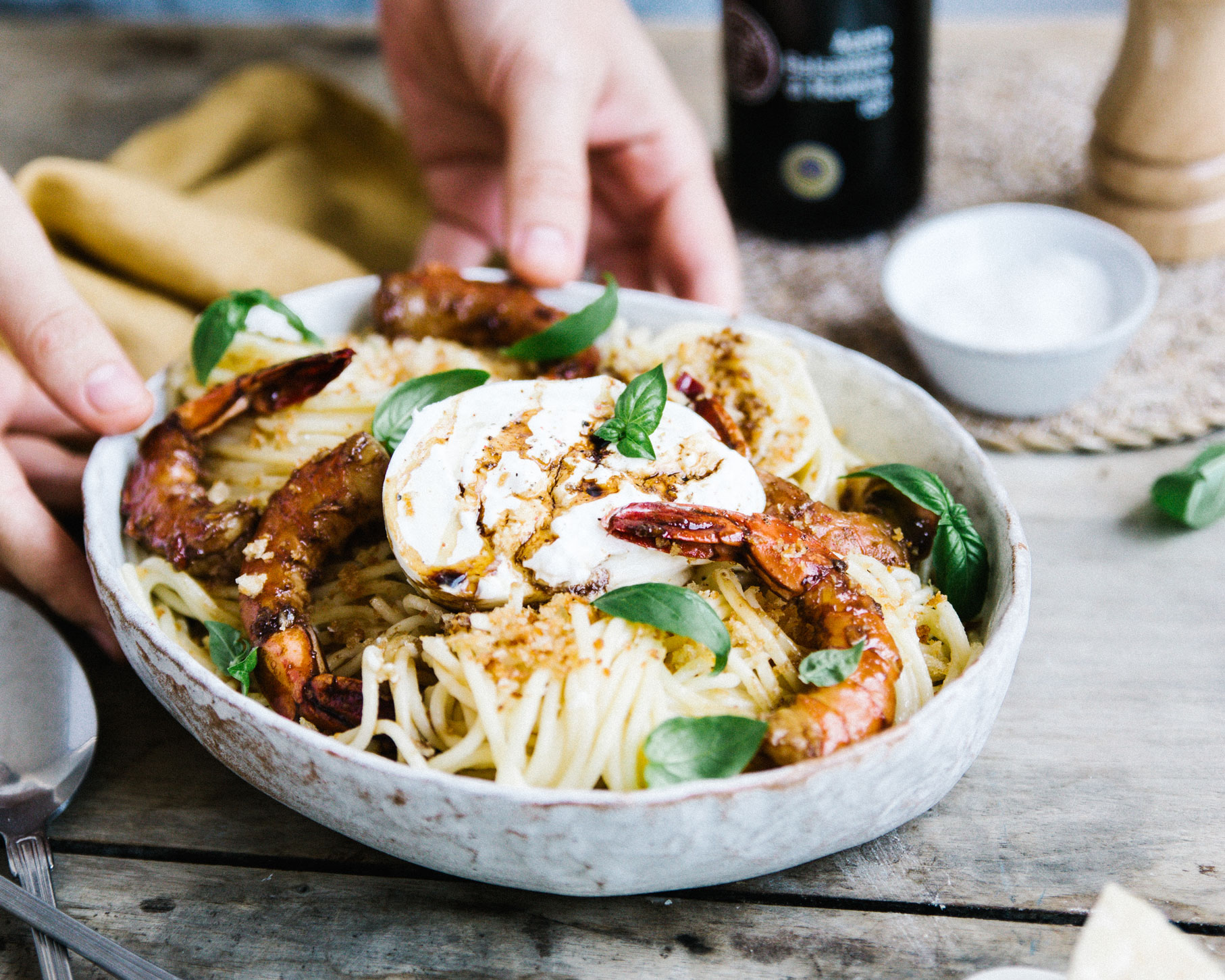 Spaghetti au citron et gambas caramélisées au Vinaigre Balsamique de Modène IGP