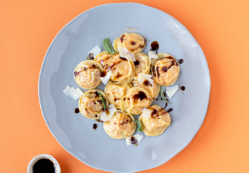 Cappelletti filled with pumpkin, Parmigiano Reggiano and Balsamic Vinegar of Modena dressed with butter and sage