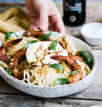 Spaghetti au citron et gambas caramélisées au Vinaigre Balsamique de Modène IGP