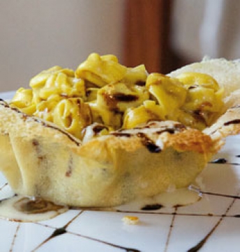 “Nonna Sarita” tortellini, Parmesan cheese PDO cream and  wafer with Balsamic Vinegar of Modena PGI