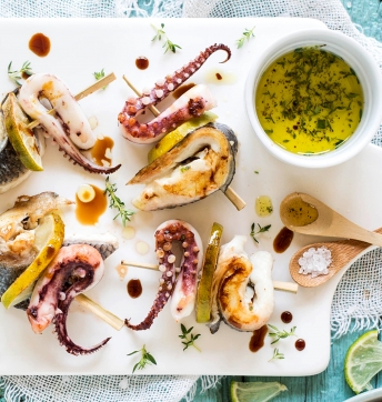 Octopus, gilt-head and lime kebabs