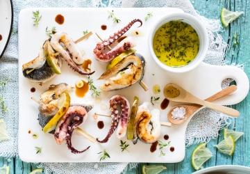 Octopus, gilt-head and lime kebabs