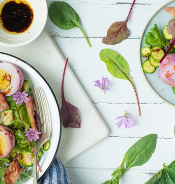 Salad with baby leaf lettuce, courgettes, eggs marinated in Balsamic Vinegar of Modena and crispy Pancetta